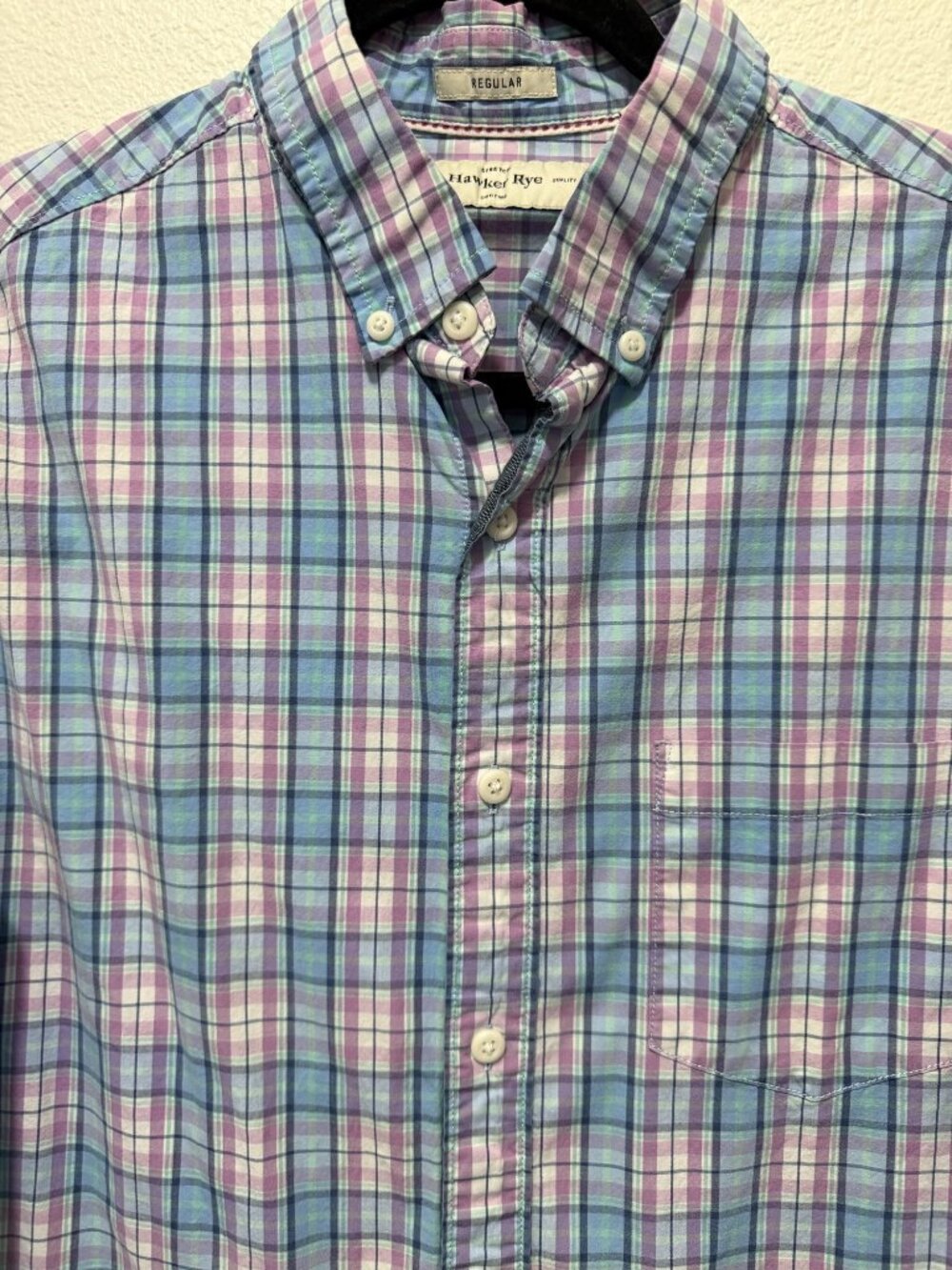 Hawker Rye blue and purple plaid long sleeve button down shirt, men's size L